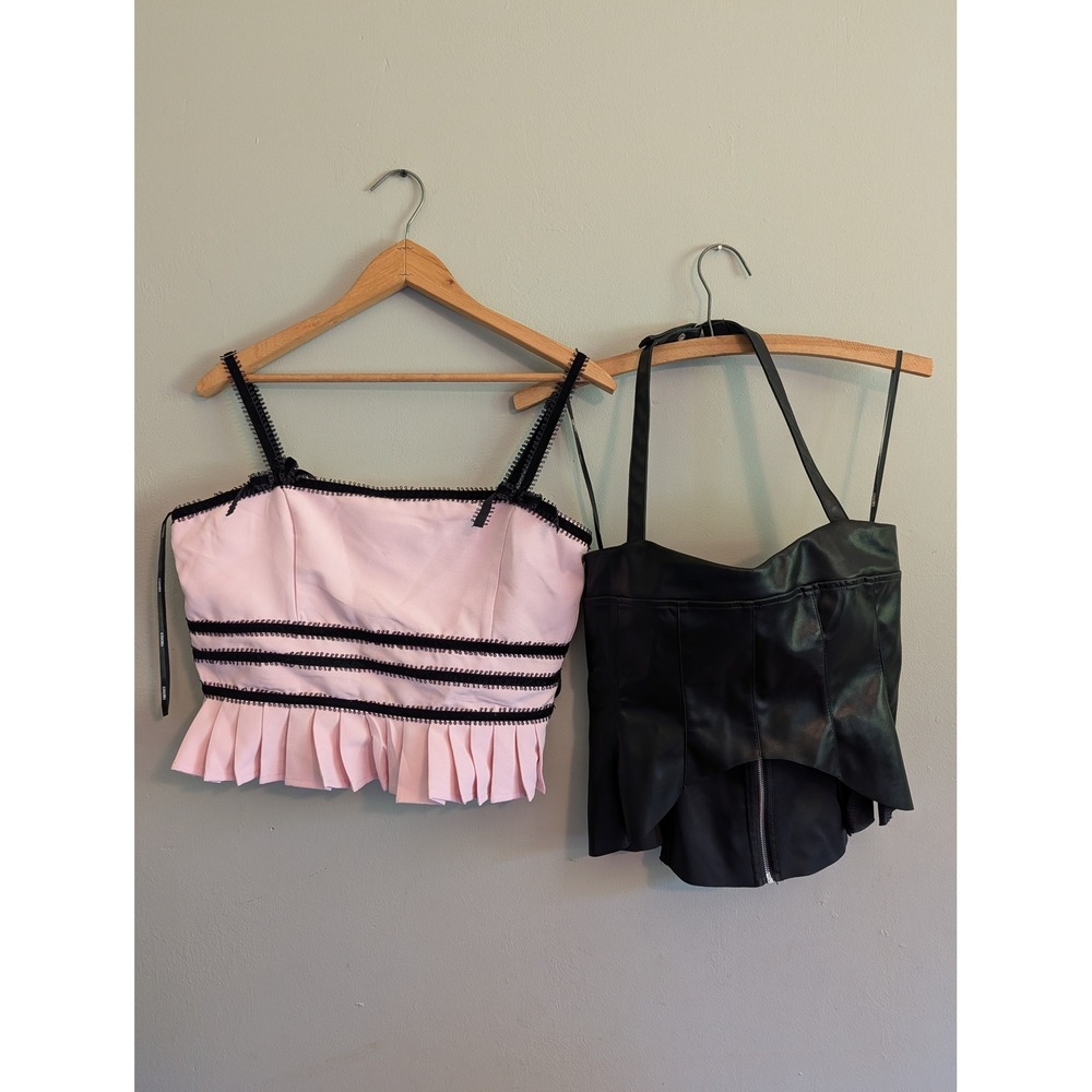 Lot of 2 Forever 21 Womens Crop Top Pink Lace Pleated & Black‎ Faux Leather Med